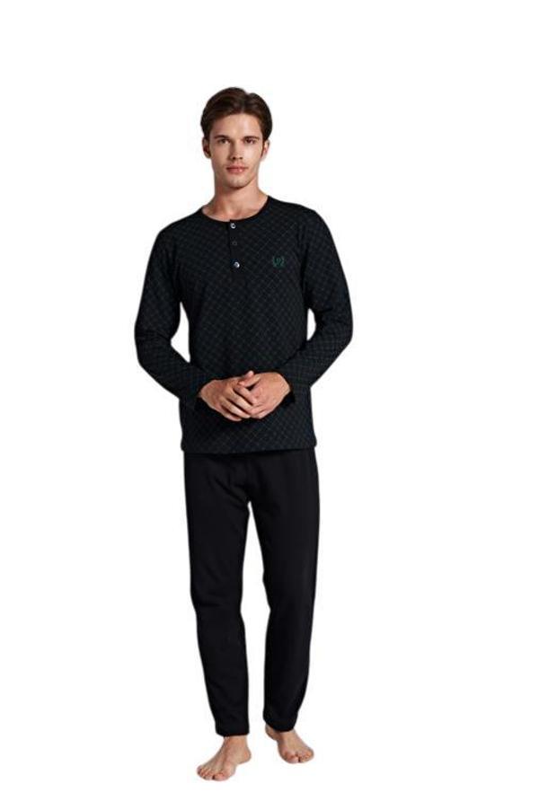 Pijadore Erkek Siyah %100 Pamuk Uzun Kollu Pamuklu Pijama Takımı 1750 - Image 1