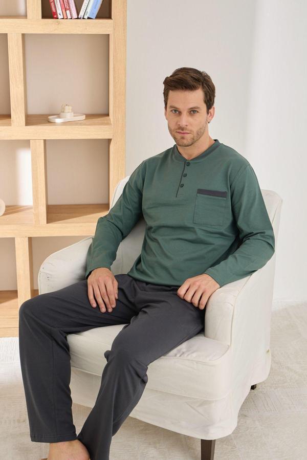 Pijamoni Erkek %100 Pamuk Penye Mevsimlik Uzun Kollu Pijama Takımı 6842 - Image 1