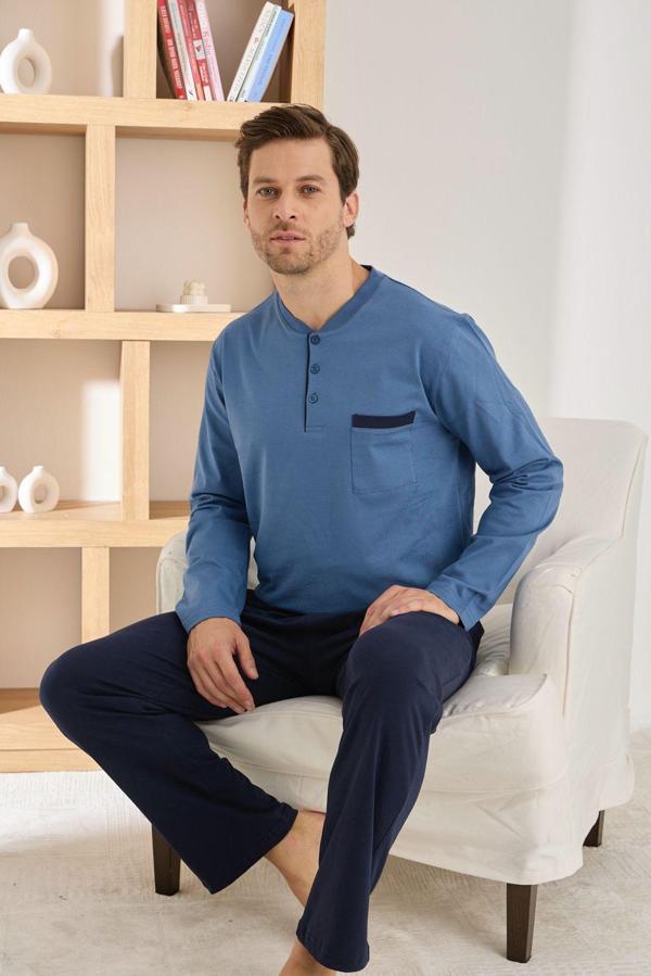 Pijamoni Erkek %100 Pamuk Penye Mevsimlik Uzun Kollu Pijama Takımı 6842 - Image 1