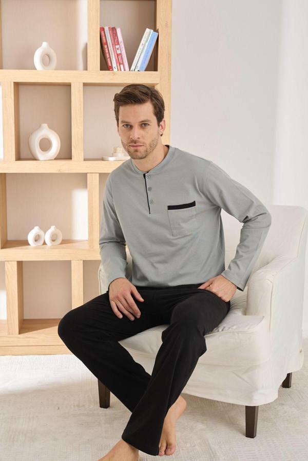 Pijamoni Erkek %100 Pamuk Penye Mevsimlik Uzun Kollu Pijama Takımı 6842 - Image 1
