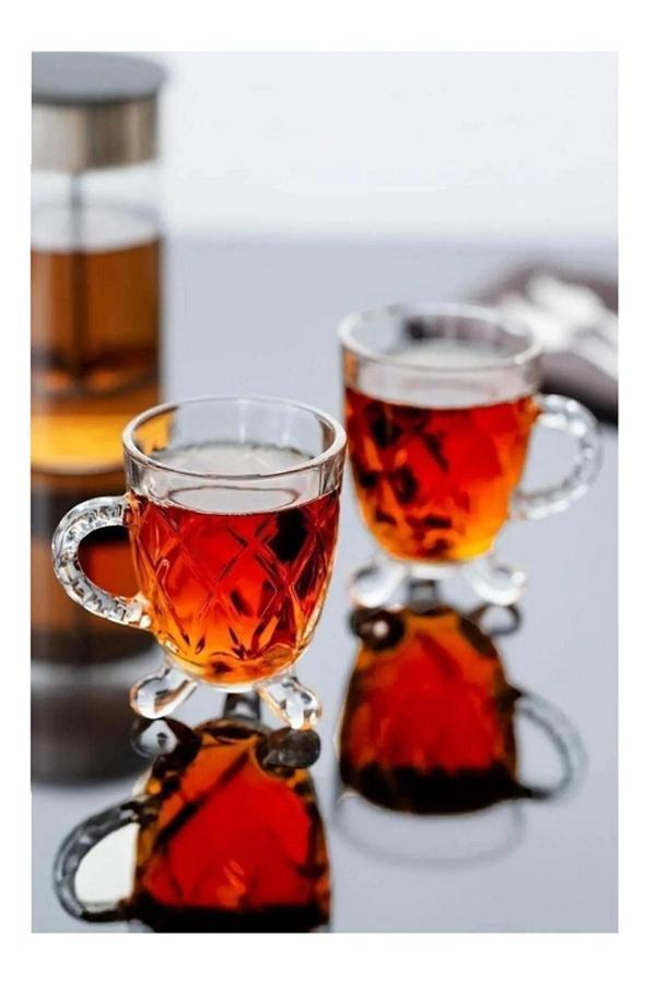 Mutfaksultani 15720 Ayaklı Kulplu Boncuk Desenli 4'Lü Cam Bardak - Kulplu Çay Kahve Bardağı - 200 Cc - Image 1
