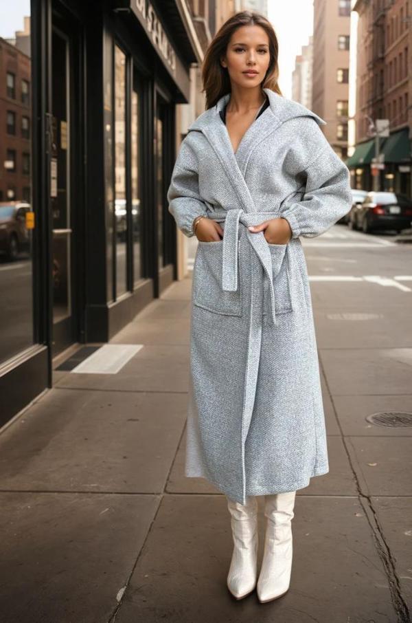 Kadın Balon Kol Uzun Şal Yaka Cepli  Kalın Örgü Triko Salaş Kaban - Image 1