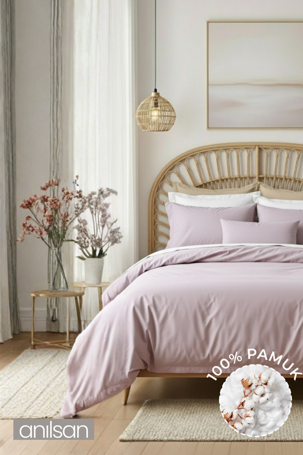 Düz Lila Tek Kişilik Lastikli Çarşaf Düğmeli Nevresim Takım %100 Pamuk 1 Adet Yastık Kılıf,  - Image 1