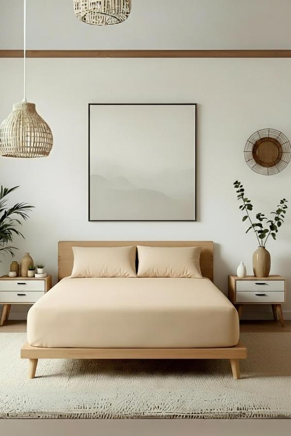 Düz Bej Çift Kişilik Çarşaf Seti %100 Pamuk, 63tel (Çarşaf+Yastık Kılıfı) - Image 1