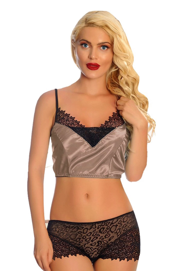Vizon Saten Dantelli Babydoll Şortlu Takım - 289 - Image 1