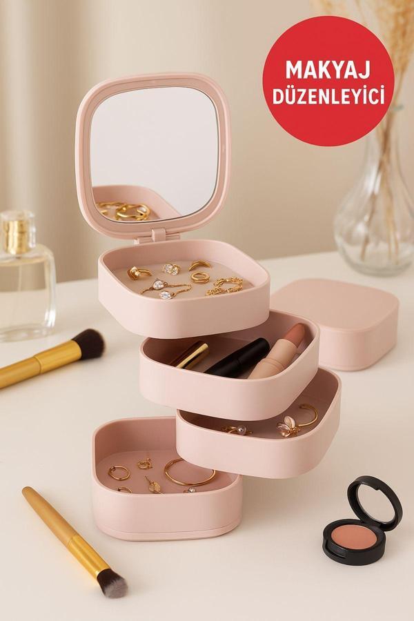 Aynalı Çok Katlı Makyaj ve Takı Düzenleyici – Kompakt, Taşınabilir ve Şık Organizer Kutusu Pudra - Image 1