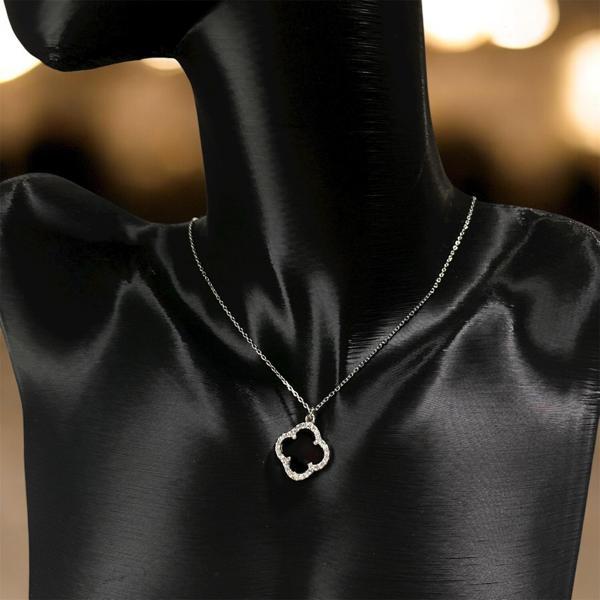 925 Ayar Gümüş Siyah Taşlı Yonca Van Cleef Zirkon Taşlı Kadın Kolye - Image 1