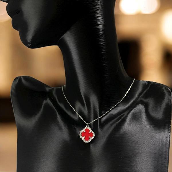 925 Ayar Gümüş Kırmızı Taşlı Şans Yoncası Van Cleef Zirkon Taşlı Kolye Kadın Takı - Image 1
