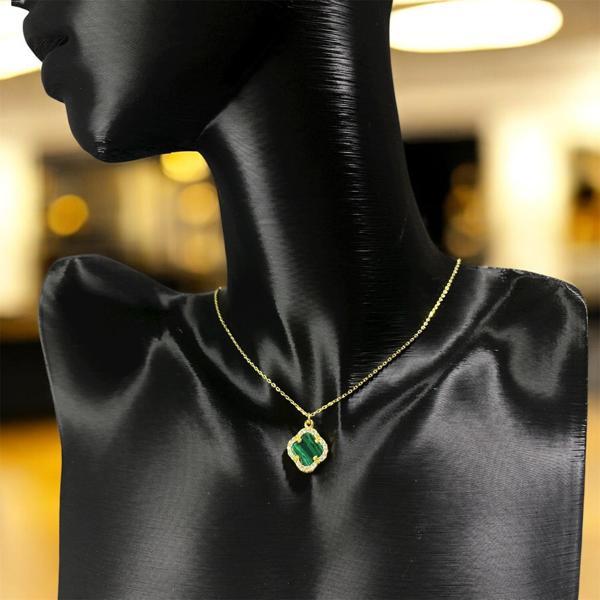925 Ayar Gümüş Altın Kaplama Malakit Taşlı Şans Yoncası Van Cleef  Kolye Kadın Takı - Image 1