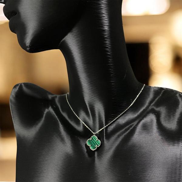 925 Ayar Gümüş Malakit Taşlı Şans Yoncası Van Cleef  Kolye Kadın Takı - Image 1