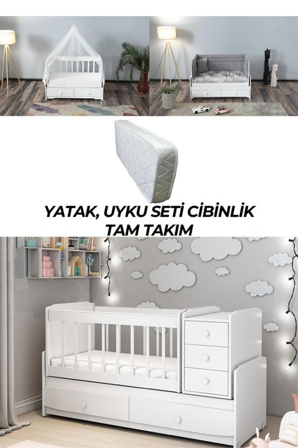 Patiko Furniture Ms 290 Beyaz Büyüyebilen Beşik Yatak Uyku Seti Cibinlik Tam Takım - Image 1
