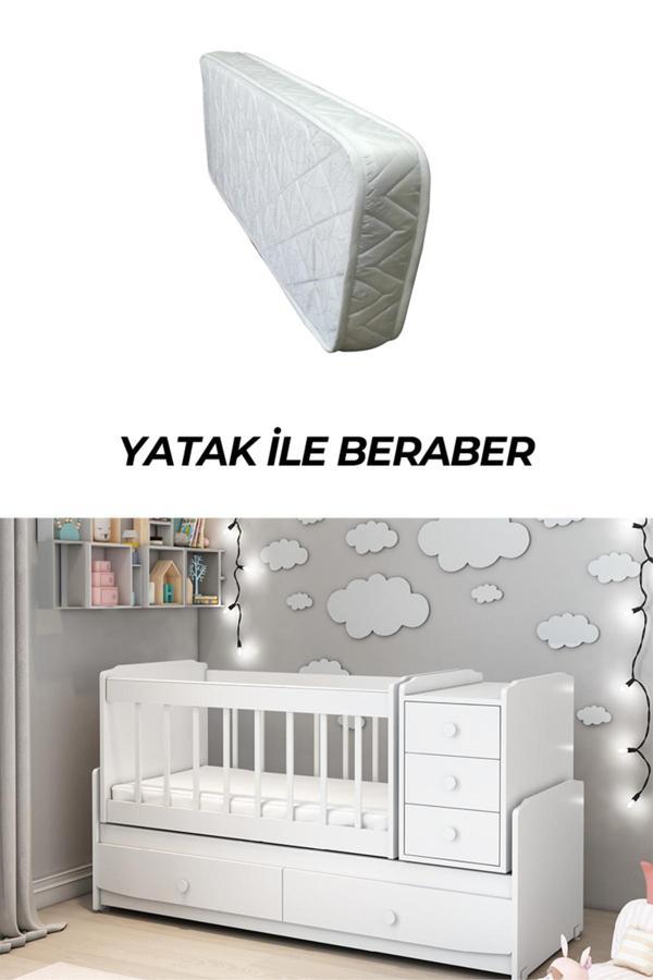Patiko Furniture Ms 290 Beyaz Büyüyebilen Sallanabilen 3 Çekmeceli Yataklı Beşik - Image 1