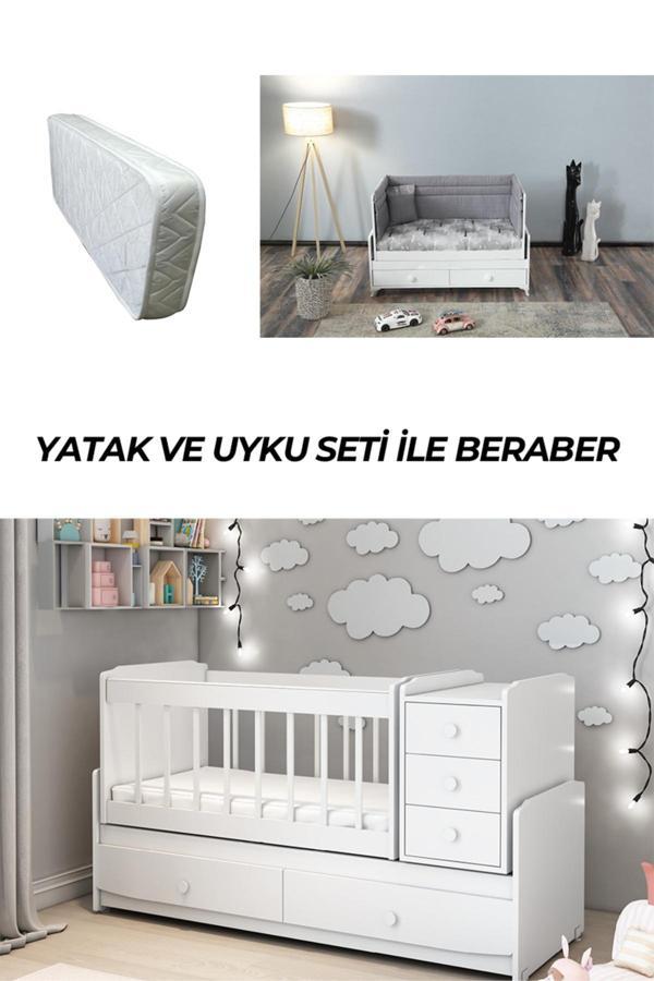Patiko Furniture Ms 290 Beyaz Büyüyebilen Sallanan Beşik Yatak Ve Uyku Seti İle Birlikte - Image 1