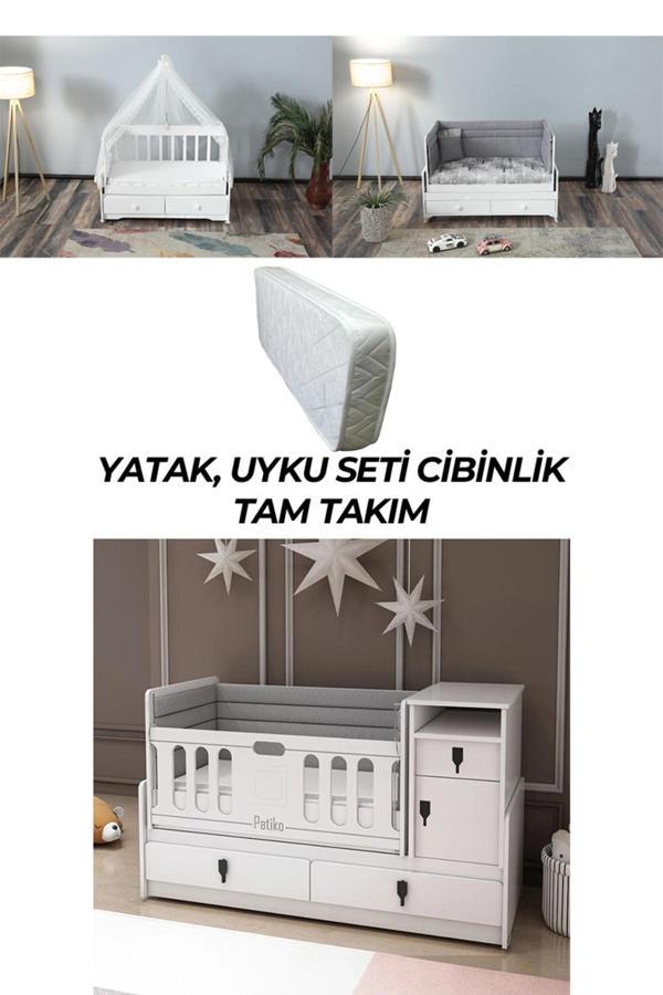 Patiko Furniture R 131 Beyaz Büyüyebilen Beşik Yatak Uyku Seti Cibinlik Tam Takım - Image 1