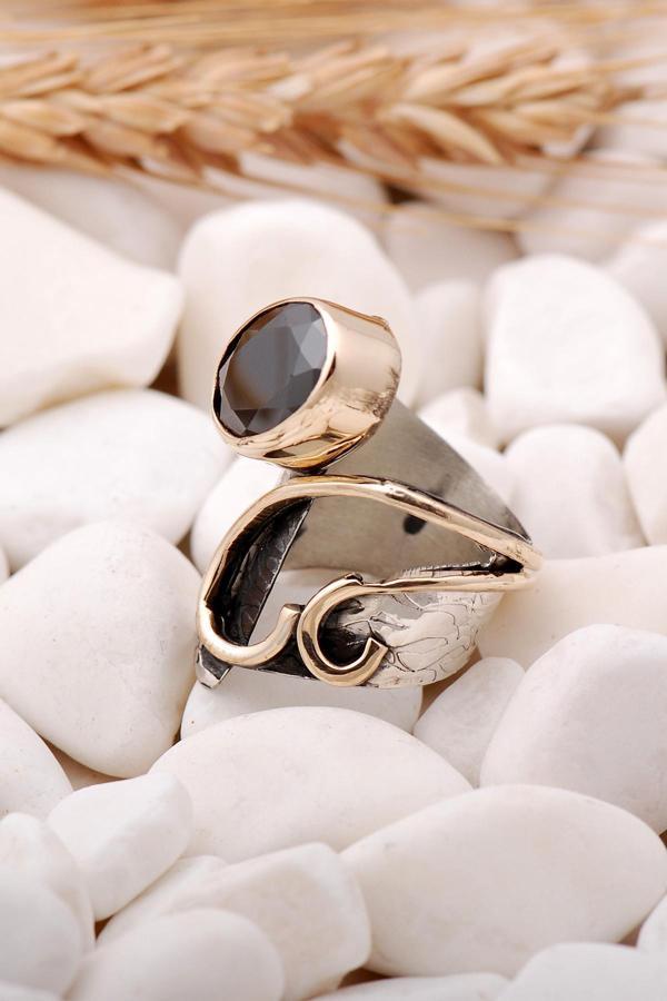 Oniks Taşlı Çekiç Dövme Elişi Gümüş Yüzük 3475 - Image 1