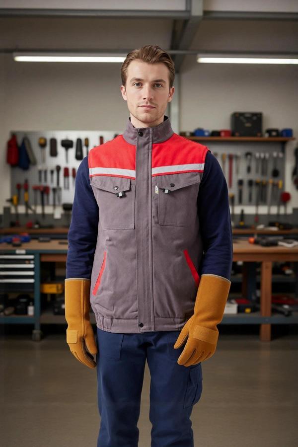 Kışlık İş Yeleği GriKırmızı Gabardin Çok Cepli Royal Sıcak Tutucu Rüzgar Geçirmez Reflektörlü - Image 1