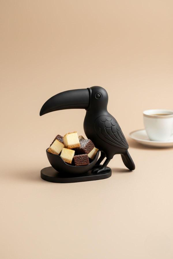 Siyah Kuş Figürlü Modern Sunumluk Kase Kahve Yanı Lokumluk Kuruyemişlik Dekoratif Reçine Çerezlik Ev Hediyesi - Image 1
