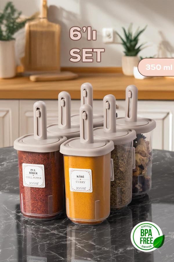 Porsima 4362 Kaydırmalı Kaşıklı Baharatlık Seti 6'lı Şeffaf - Cappucino - Image 1