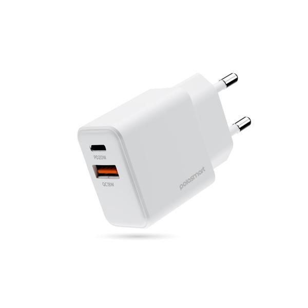 Polosmart PBS136 Hızlı 1 USB 1 PD Çıkışlı 20W Şarj Adaptörü Duvar Şarjı Beyaz - Image 1