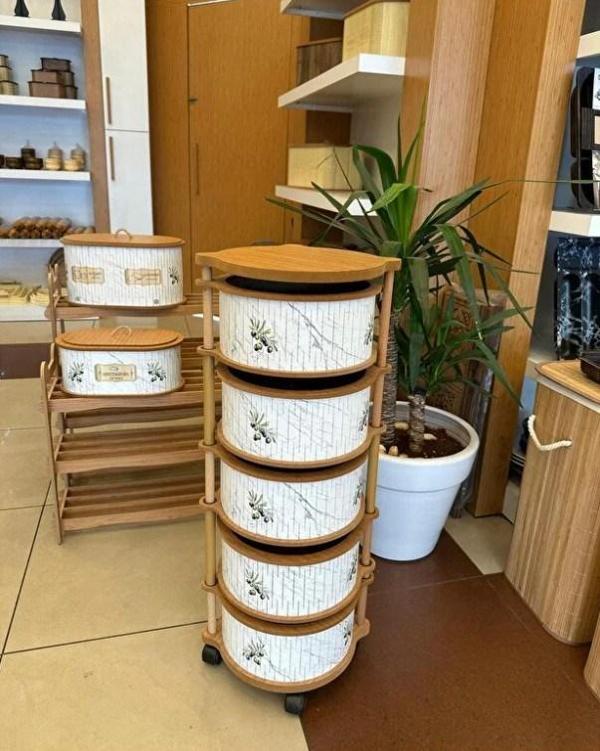 Ahşap Yuvarlak Zeytin Sebzelik 5 Katlı Yana Açılır Patates Soğan Tekerlekli Sebzelik - Image 1