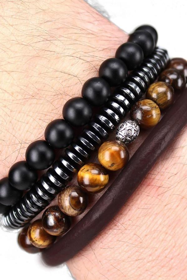 Alnis Atelier Kaplangözü, Oniks Ve Hematit Doğal Taş Bileklik 4Lü Kombin - Image 1