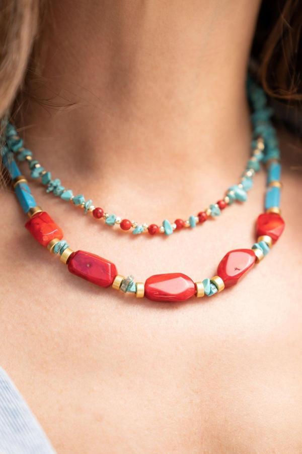 Alnis Atelier Turkuaz Ve Mercan Doğaltaş Kadın Kolye 2Li Set - Image 1