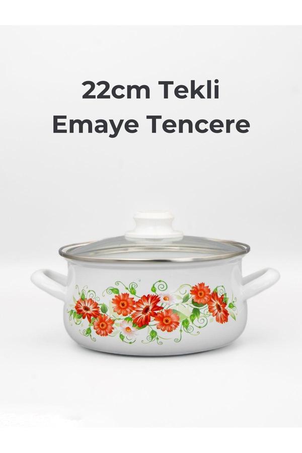 22cm Çiçek Desenli Tekli Cam Kapaklı Emaye Güveç Tencere - Image 1