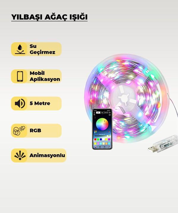 Yılbaşı Ağacı Şerit Led - 10 Metre- Telefondan Kontrol - Ses Duyarlı - Image 1