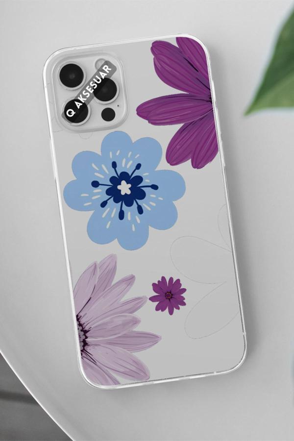 Q Aksesuar İphone 16 Uyumlu Mavi Çiçek Tasarımlı Şeffaf Telefon Kılıfı - Image 1