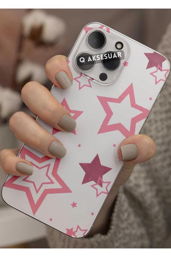 Q Aksesuar İphone 13 Uyumlu Pembe Yıldızlar Tasarımlı Şeffaf Telefon Kılıfı Kapak Case - Image 1