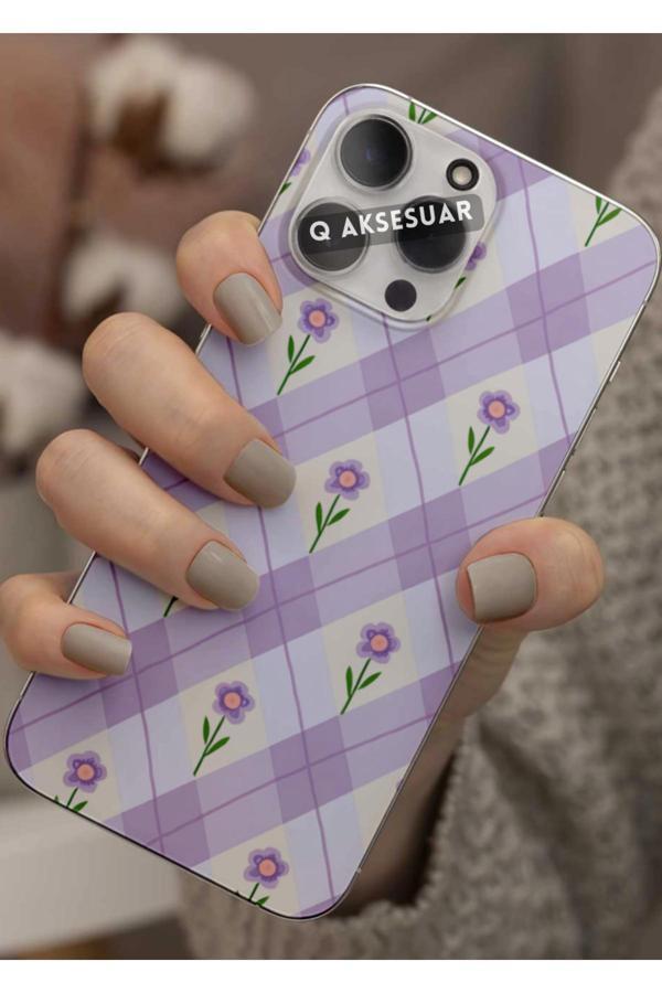 Q Aksesuar İphone 13 Uyumlu Mor Çiçekler Tasarımlı Şeffaf Telefon Kılıfı Kapak Case - Image 1