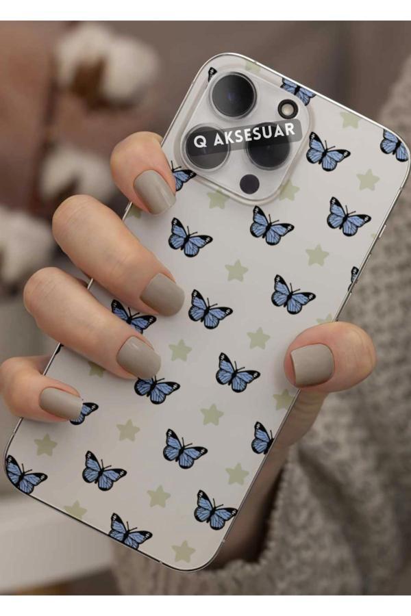 Q Aksesuar İphone Xr Uyumlu Mavi Kelebek Tasarımlı Şeffaf Telefon Kılıfı Kapak Case - Image 1