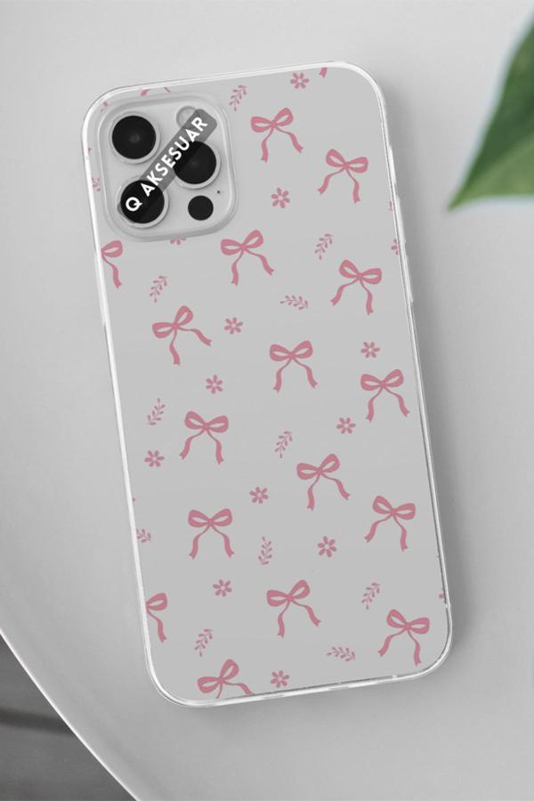 Q Aksesuar İphone 14 Plus Uyumlu Pembe Kurdele Tasarımlı Şeffaf Telefon Kılıfı - Image 1