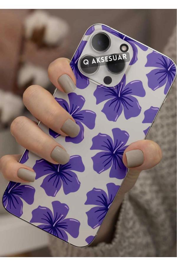 Q Aksesuar İphone 7 Plus Uyumlu Mor Çiçek Tasarımlı Şeffaf Telefon Kılıfı Kapak Case - Image 1