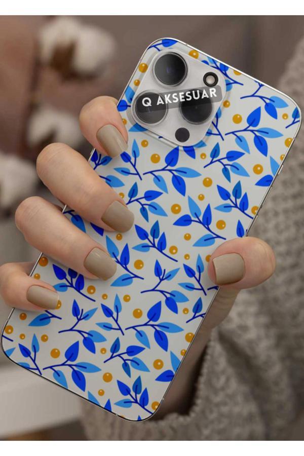 Q Aksesuar İphone 13 Pro Uyumlu Mavi Yapraklar Tasarımlı Şeffaf Telefon Kılıfı Kapak Case - Image 1