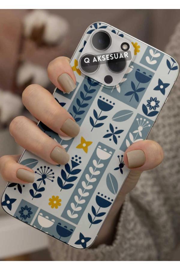 Q Aksesuar İphone Se 3 (2022) Uyumlu Mavi Çiçek Tasarımlı Şeffaf Telefon Kılıfı Kapak Case - Image 1