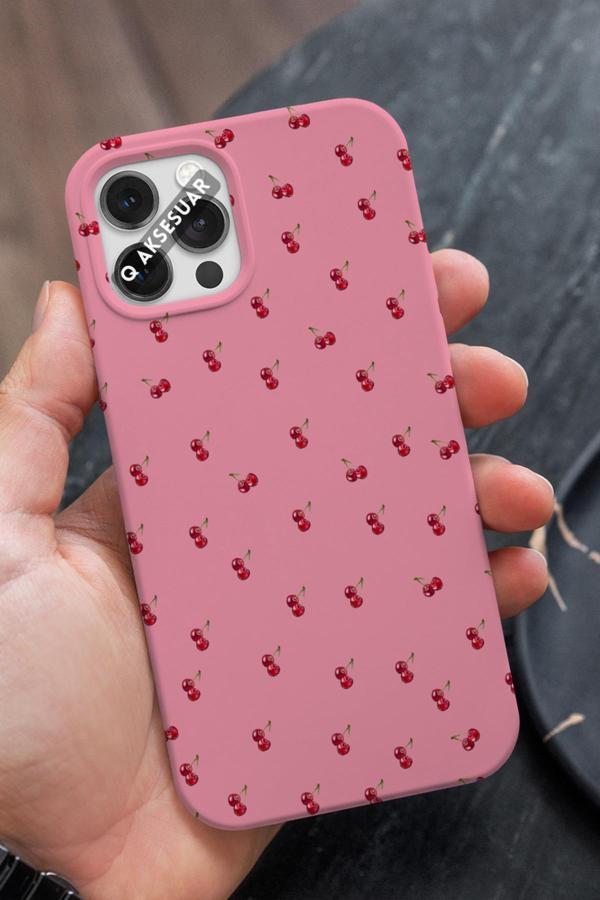 Q Aksesuar İphone Xs Max Uyumlu Kiraz Tasarımlı Şeker Pembe Premium Telefon Kılıfı - Image 1