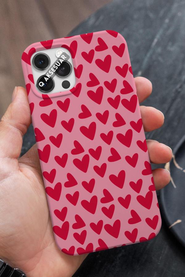Q Aksesuar İphone 11 Pro Uyumlu Kırmızı Kalpler Tasarımlı Şeker Pembe Premium Telefon Kılıfı - Image 1