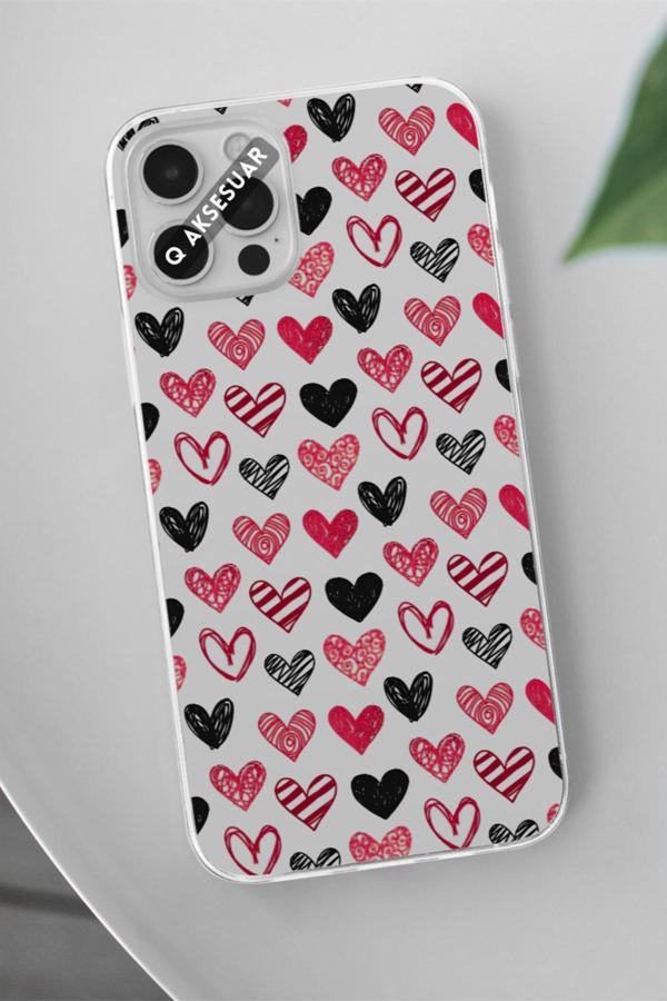 Q Aksesuar İphone 11 Pro Max Uyumlu Kırmızı Siyah Kalp Tasarımlı Şeffaf Telefon Kılıfı - Image 1