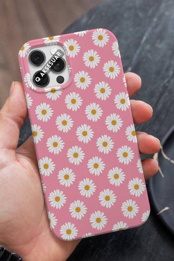 Q Aksesuar İphone 13 Pro Uyumlu Papatya Tasarımlı Şeker Pembe Premium Telefon Kılıfı - Image 1