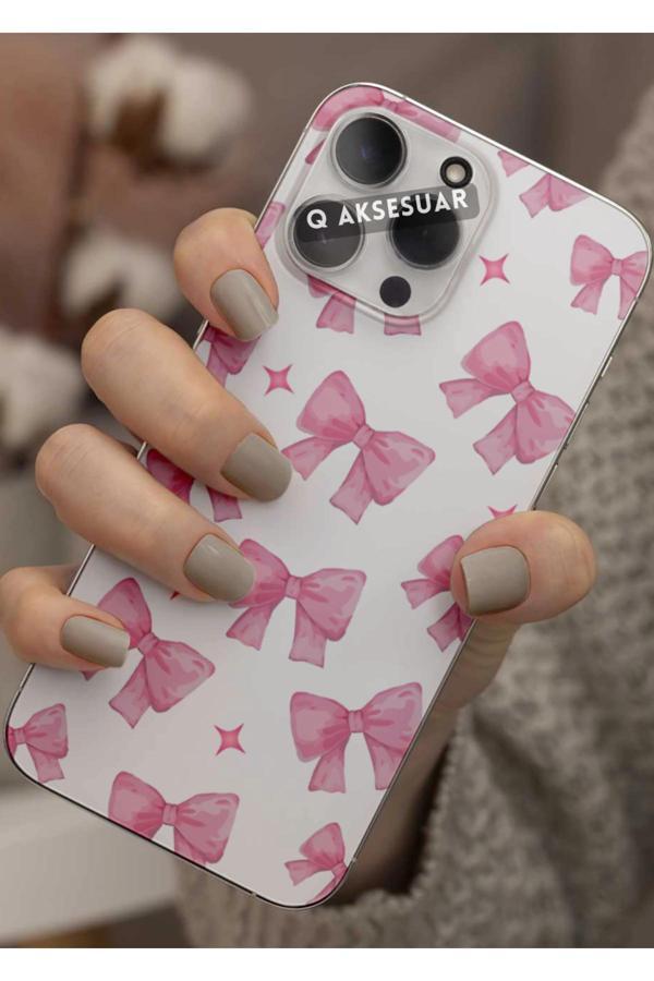 Q Aksesuar Xiaomi Redmi 12 Uyumlu Pembe Kurdele Tasarımlı Şeffaf Telefon Kılıfı Kapak Case - Image 1