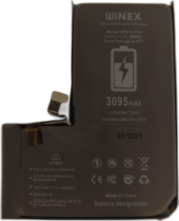 Winex İphone 13 Pro Uyumlu Güçlendirilmiş Premium Batarya - Image 1