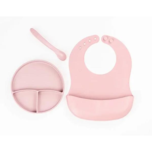 Pembe 3’lü Silikon Yemek Seti – Önlük + Diş Kaşıyıcılı Kaşık + Vakumlu Tabak  - Image 1