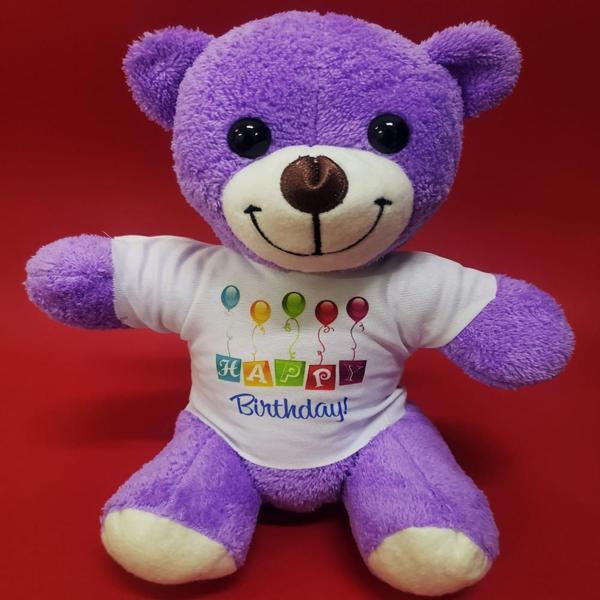 Happy Birthday Tişörtlü Peluş Mor Ayıcık - Image 1