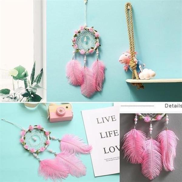 BUFFER® El Yapımı Kuş Tüyü ve Led Işıklı Dekoratif Asma Düş Rüya Kapanı - Image 1