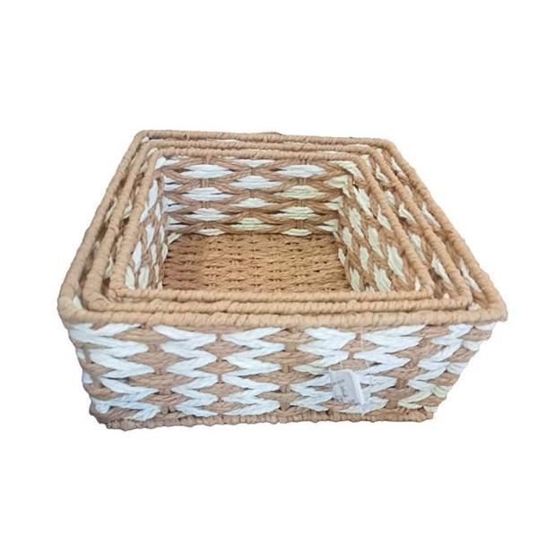 Kare Örgü Desenli Doğal Hasır Sepet Seti - 3'lü - Image 1