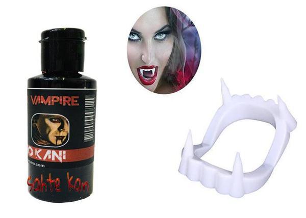Beyaz Renk Çift Damak Takma Vampir Dişi ve 50 gr Tiyatro Kanı Set - Image 1