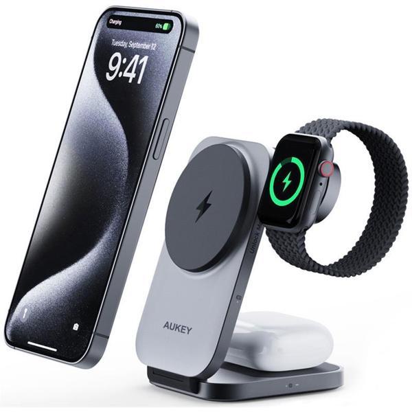AUKEY LC-MC312-GY MAGFUSION Z QI2 15W KATLANABİLİR 3 Ü 1 ARADA MIKNATISLI KABLOSUZ ŞARJ CİHAZI - Image 1