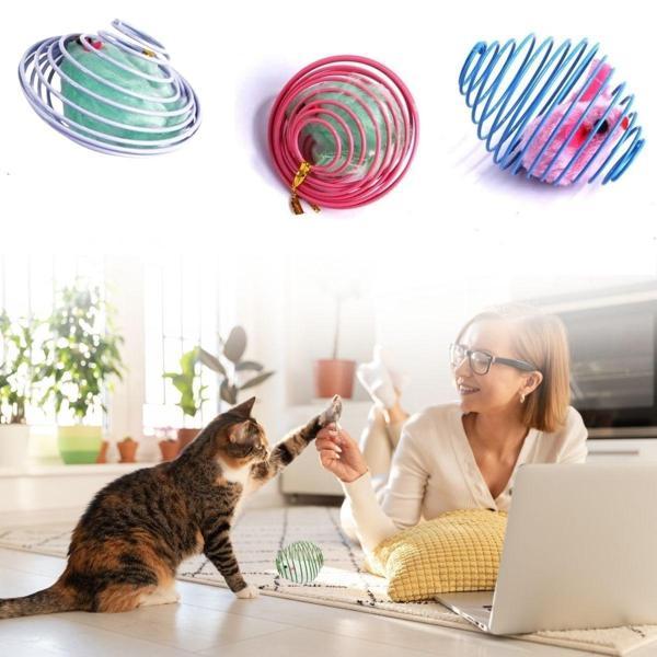 BUFFER® Yaylı Metal Fareli Kafes Kedi Oyun Topu Sıçrayan Spiral Kedi Topu  - Image 1