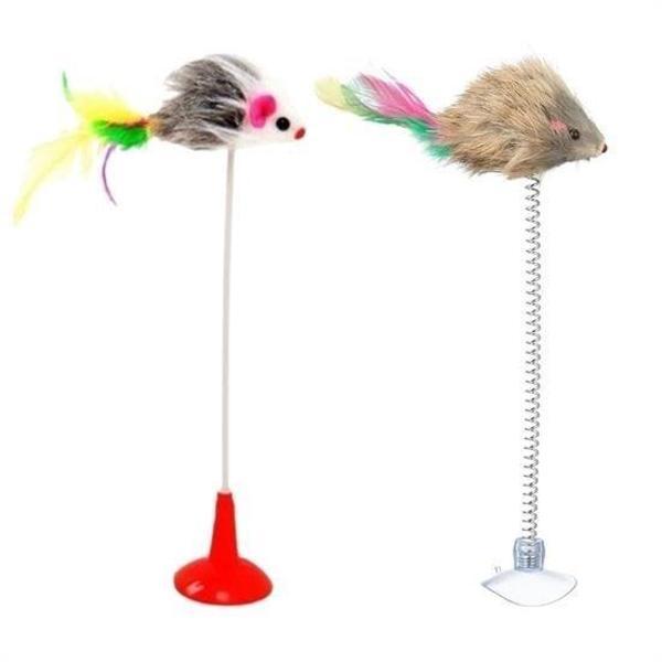 BUFFER® 2li Vantuzlu Fareli Tüylü Hareketli Çanlı ve Esneyen Eğlenceli Peluş Kedi Oyuncağı - Image 1